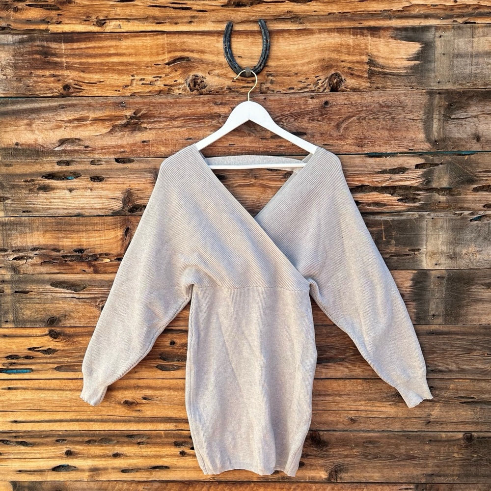 UNBRANDED | Gray Ribbed Fitted Sweater Mini Dress W/ Belt S